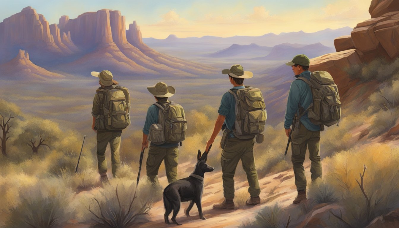 A group of young hunters, accompanied by adults, trek through the Arizona wilderness. They carry rifles and wear camouflage gear, scanning the landscape for game