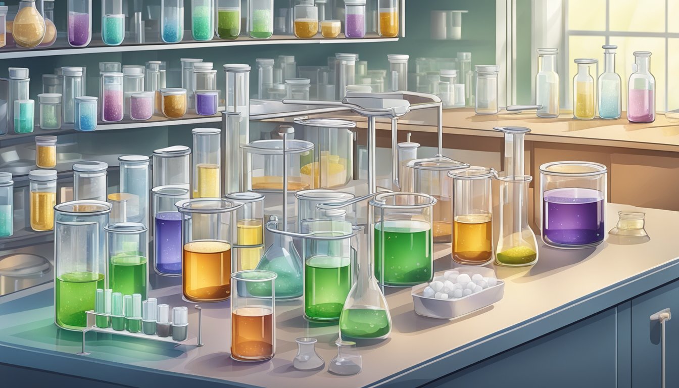 A laboratory setting with various natural sweeteners being tested in beakers and petri dishes, alongside scientific equipment and data charts