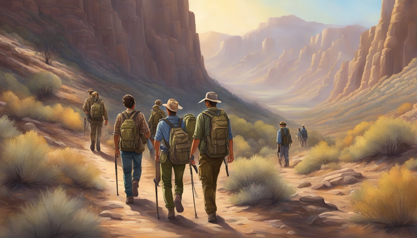 A group of young hunters in Arizona, accompanied by adults, navigating through rugged terrain with proper safety gear and hunting equipment