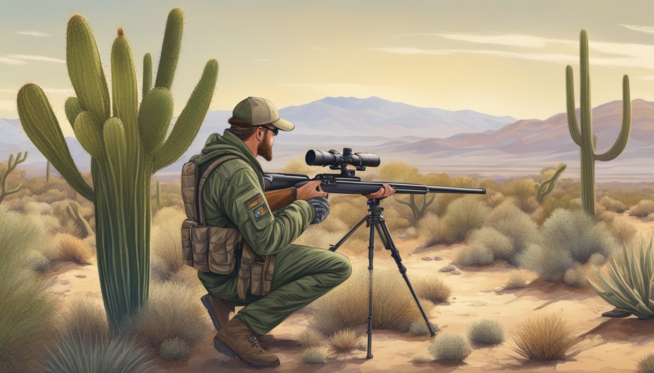 A hunter setting up a camouflage blind in the desert, surrounded by cacti and scrub brush, with a rifle and binoculars at the ready