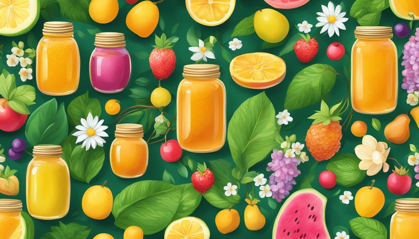 A colorful array of fruits and honey jars, surrounded by vibrant green leaves and blooming flowers, showcasing the natural sweetness and health benefits for PCOS control