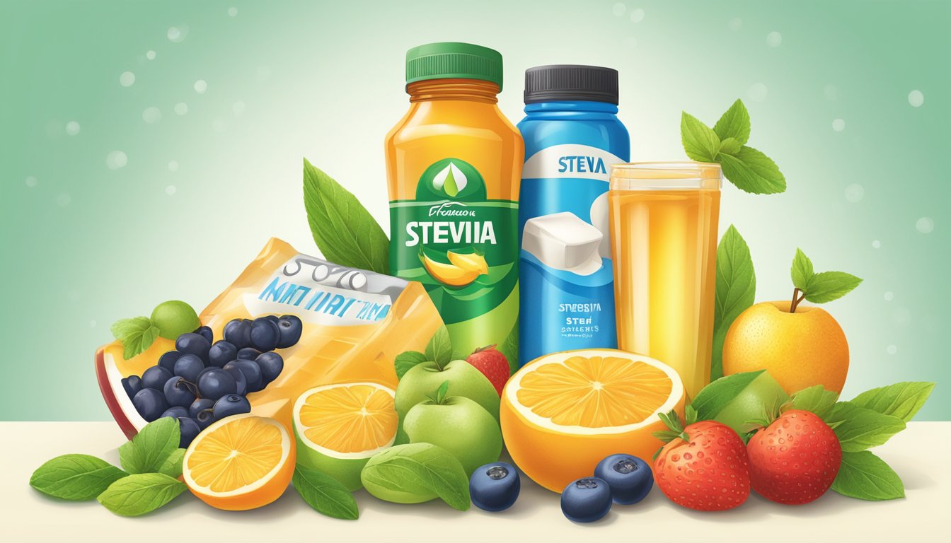 A vibrant array of fruits, honey, and stevia leaves surround a sports drink bottle and protein bar, highlighting the natural sweeteners' role in sports nutrition