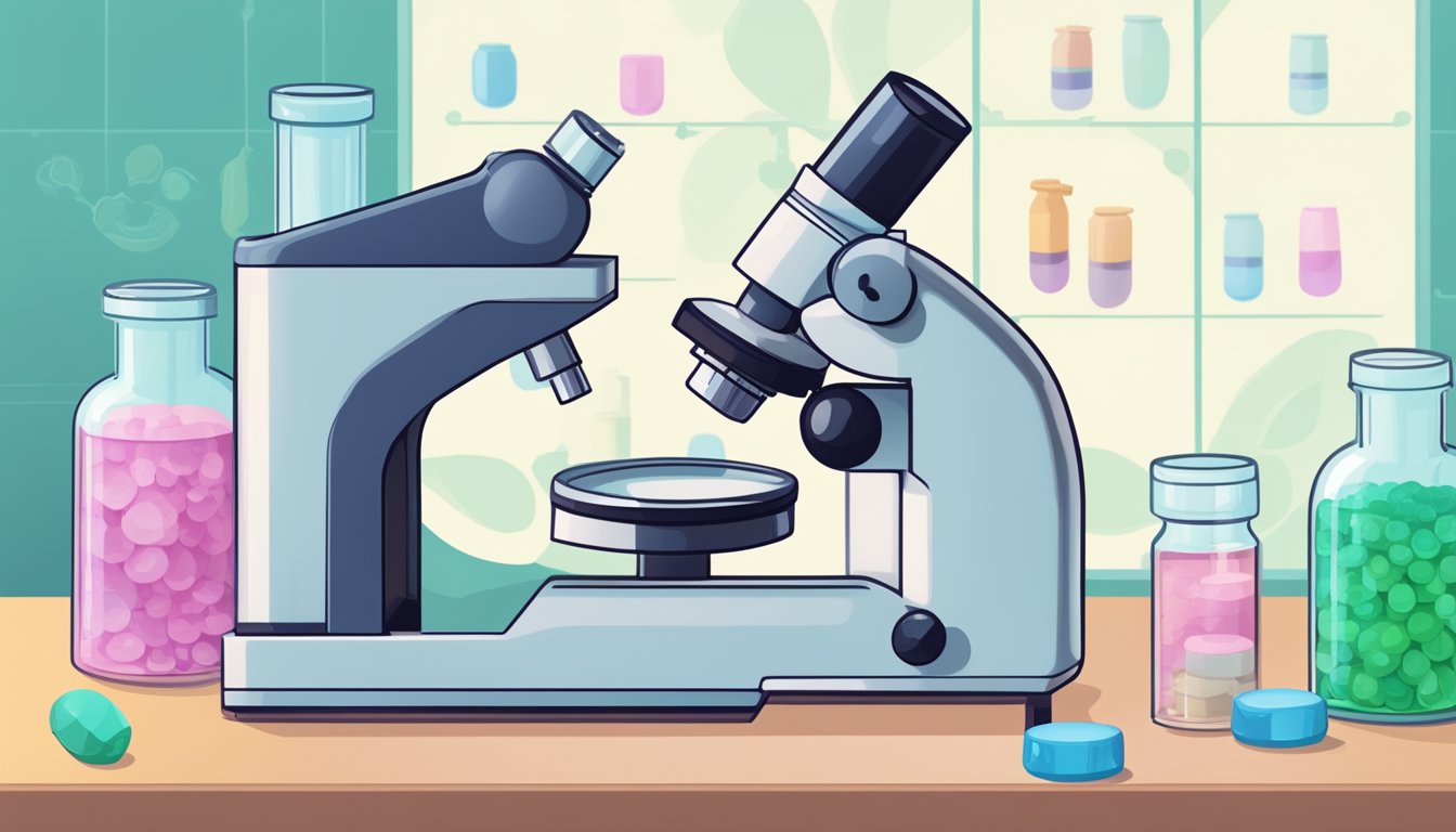 A laboratory setting with vials of natural sweeteners and a microscope, alongside a chart showing the fluctuation of PCOS symptoms