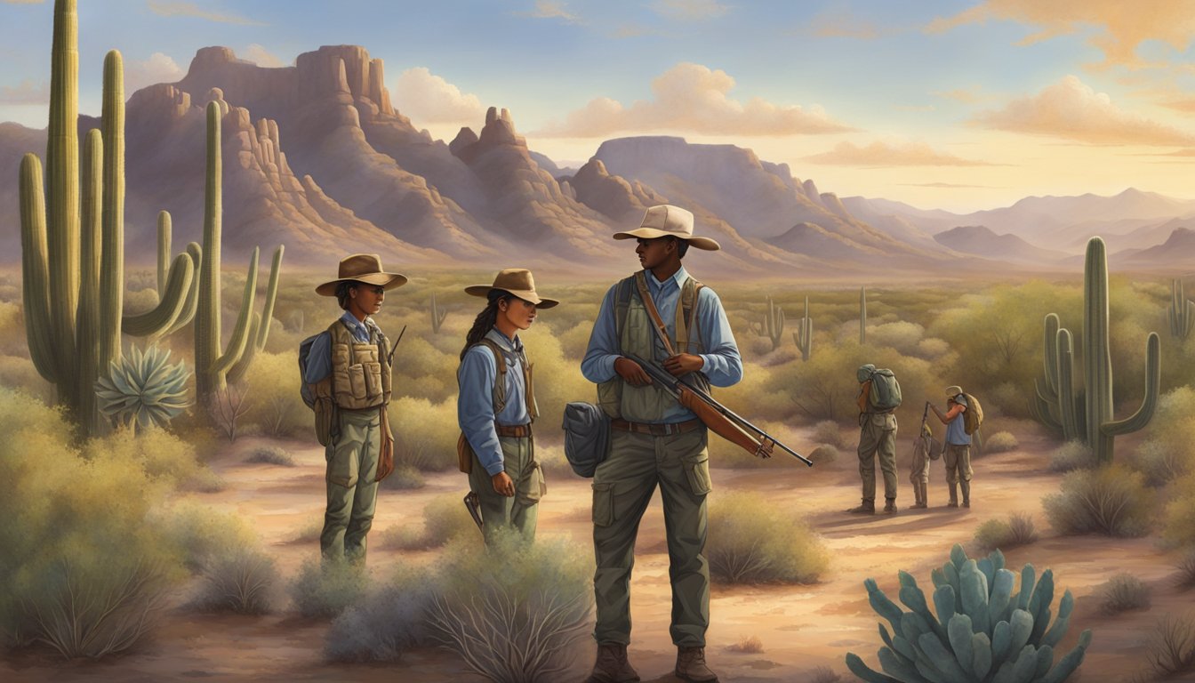 A group of young hunters gather with mentors in the Arizona desert, surrounded by saguaro cacti and rocky terrain. They engage in educational activities and receive support from the local community