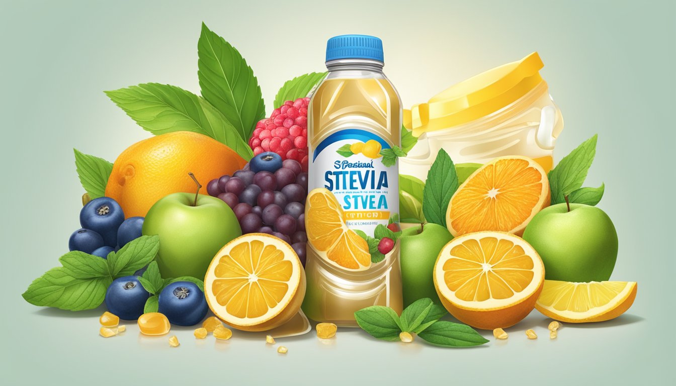 A vibrant array of fruits, honey, and stevia leaves surround a sports drink bottle and protein bar, highlighting the natural sweeteners' role in sports nutrition