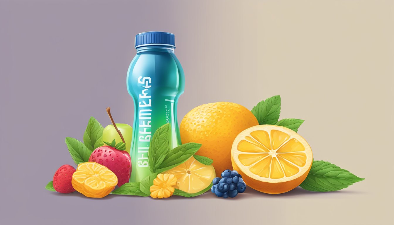 A colorful array of fruits, honey, and stevia leaves surround a sports drink bottle and protein bar, symbolizing the impact of natural sweeteners on sports nutrition