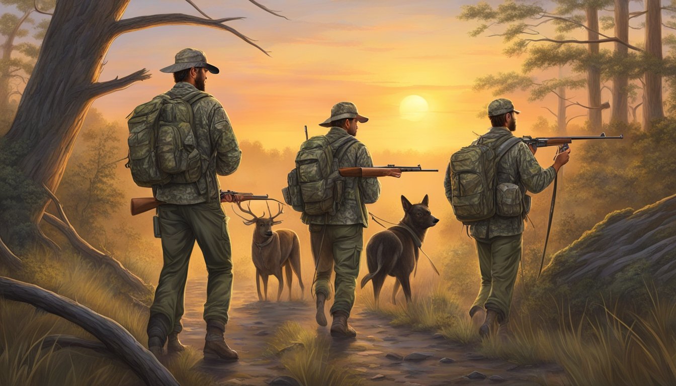 A group of young hunters with their mentors, carrying rifles and wearing camouflage, trek through the Arkansas wilderness at sunrise