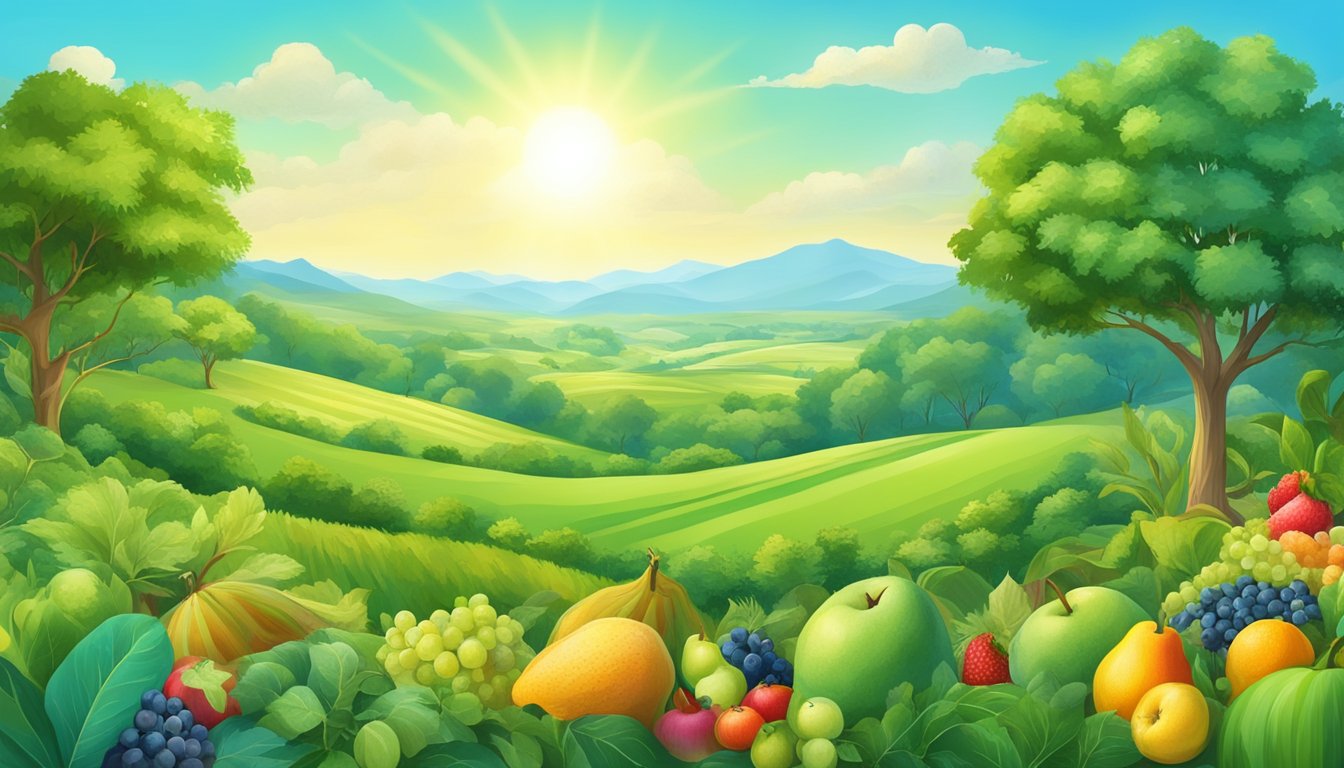 A lush green field with a variety of colorful fruits and plants growing, surrounded by a clear blue sky and vibrant wildlife