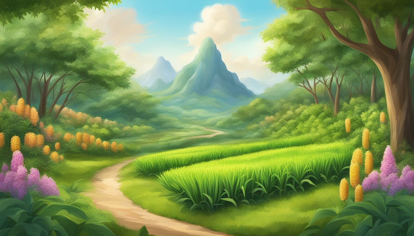 A serene landscape with diverse natural sweeteners growing, such as sugarcane, stevia, honeycomb, and maple trees, surrounded by a lush and vibrant environment