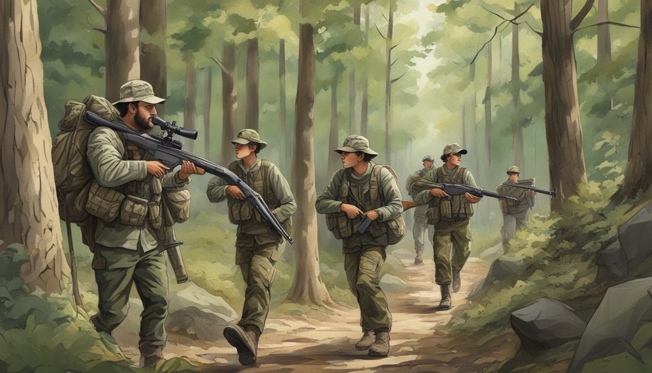 A group of young hunters equipped with rifles and camouflage gear, accompanied by adult mentors, trek through a wooded area in Arkansas