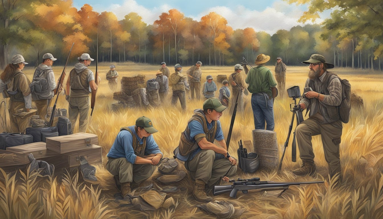 A group of young hunters in Arkansas, accompanied by adult mentors, setting up their gear and preparing for the start of the youth hunting season