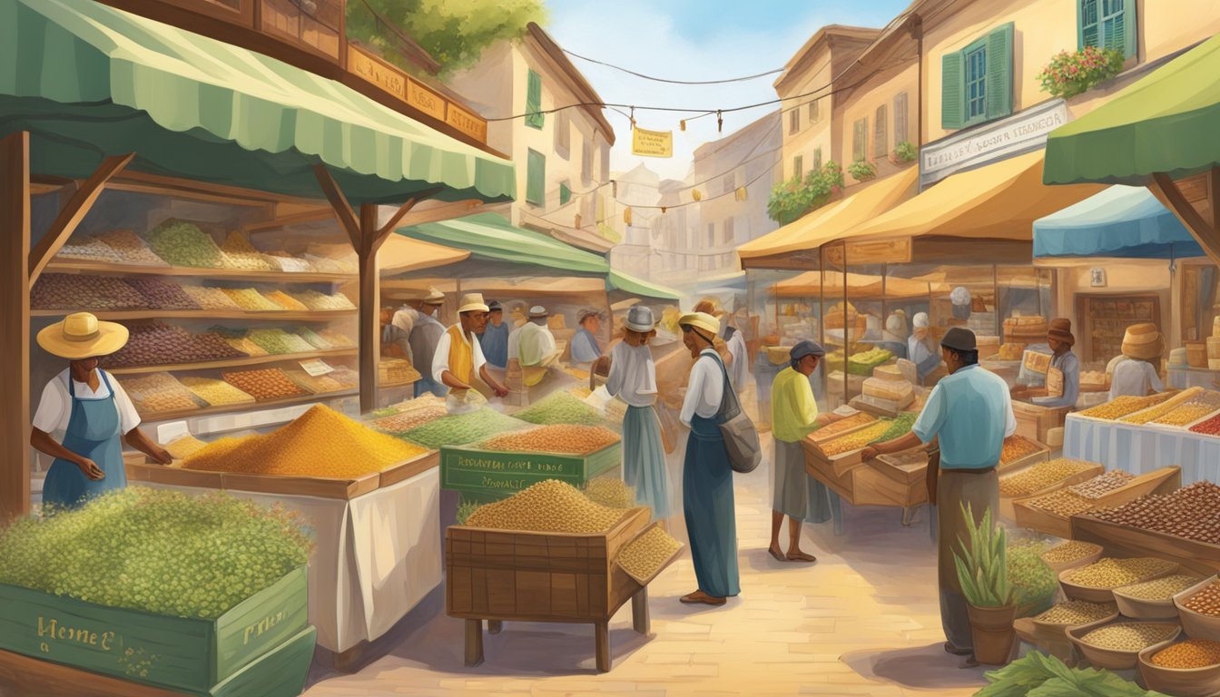 A bustling marketplace with diverse natural sweeteners on display, from honey and maple syrup to stevia and agave, reflecting cultural diversity and historical significance