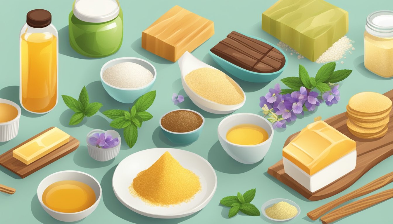 A variety of natural sweeteners, such as stevia, agave, and honey, are arranged next to sports nutrition products like protein powder and energy bars