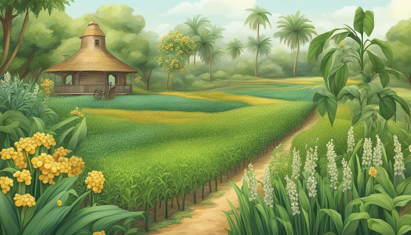 A lush field with various plants such as sugarcane, stevia, and honeybees, surrounded by historical artifacts and cultural symbols of sweetener production