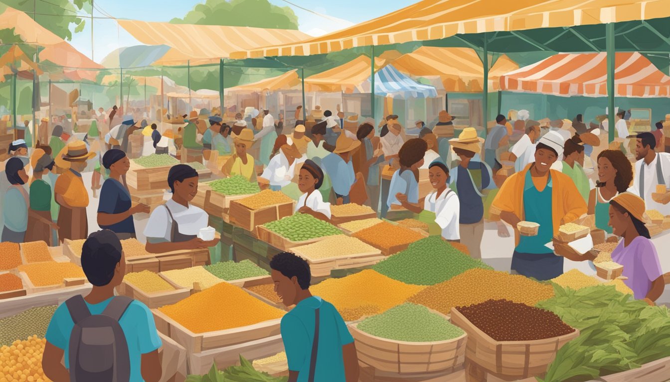 A bustling marketplace with colorful displays of honey, maple syrup, agave, and stevia. People from different cultures gather to exchange and celebrate natural sweeteners