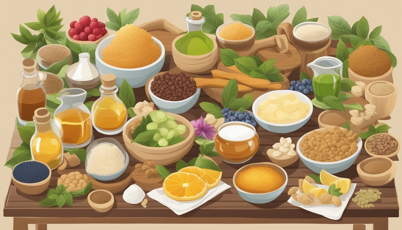 A table with various natural sweeteners and their cultural origins, surrounded by images of healthy foods and traditional medicine remedies