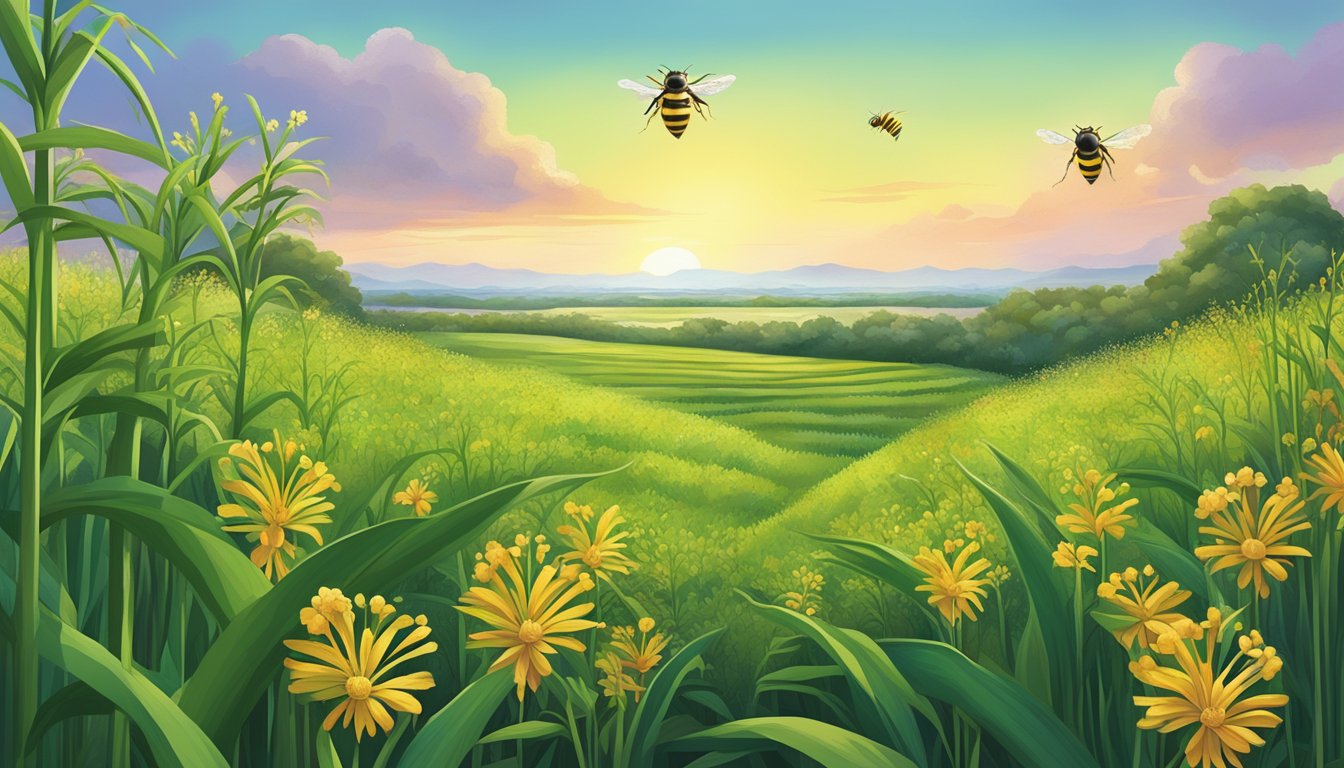 A lush field of sugarcane stretches to the horizon, while bees buzz around a vibrant wildflower patch, showcasing the natural sources of sweeteners