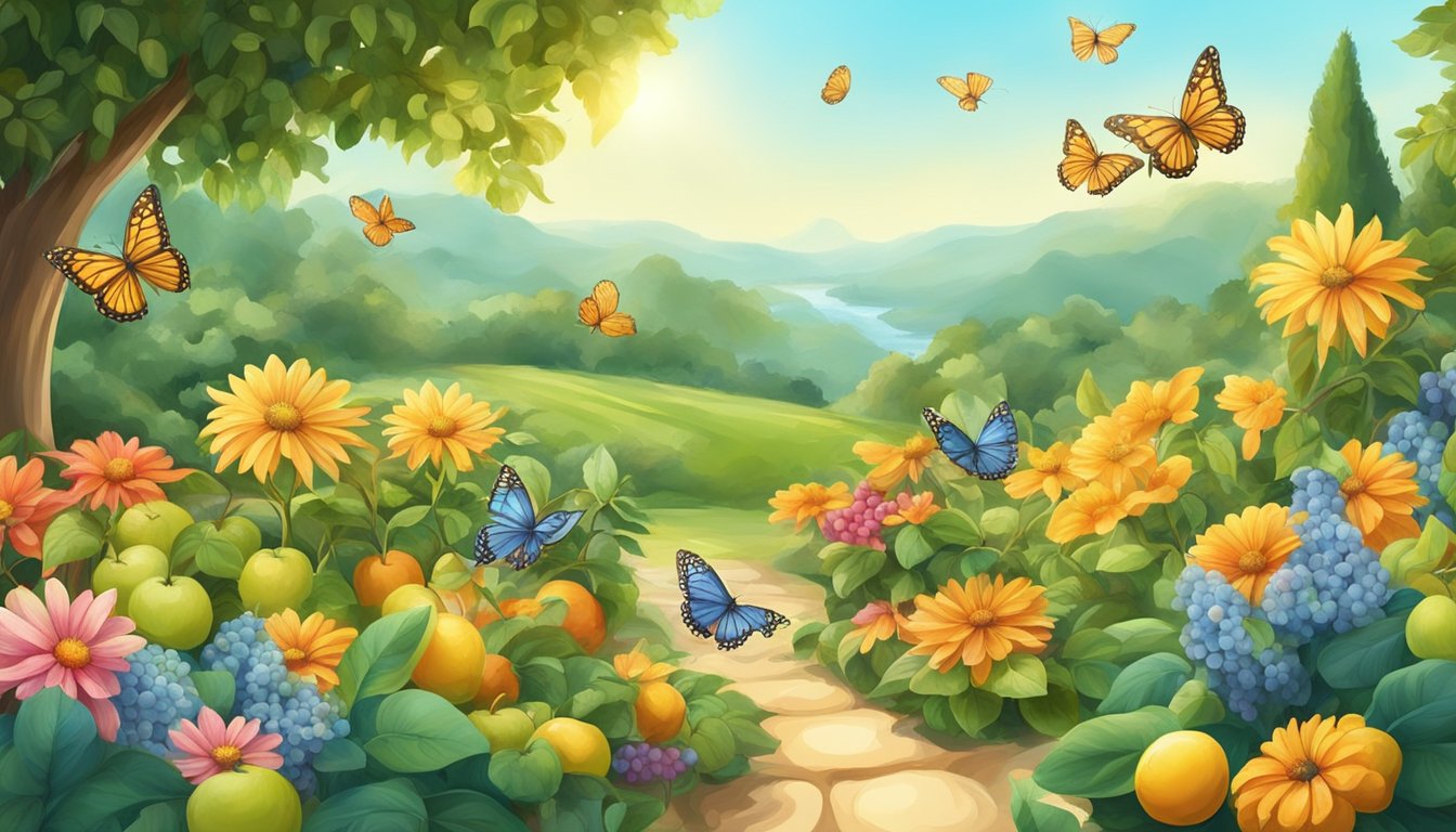 A serene garden with a variety of fruits and plants, surrounded by colorful butterflies and bees. The sun shines down, highlighting the natural sweetness of the environment