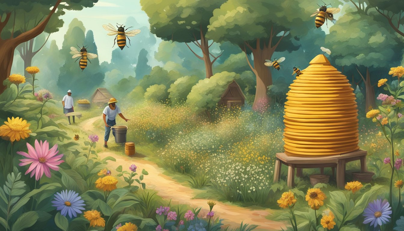 A peaceful forest clearing with diverse plants and flowers, bees buzzing around a beehive, and people from different cultures harvesting natural sweeteners