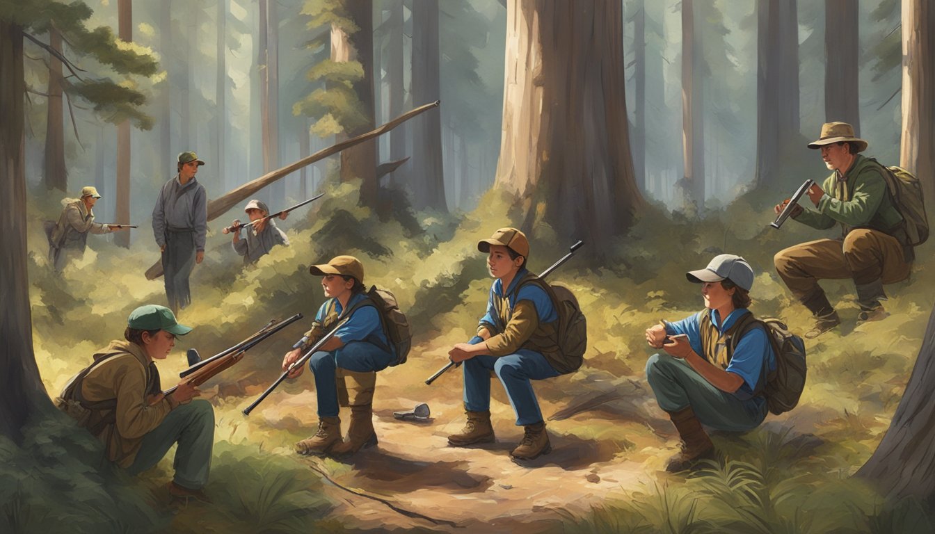 A group of young hunters in California learning basic hunting techniques in a forest clearing, with an instructor demonstrating proper equipment use