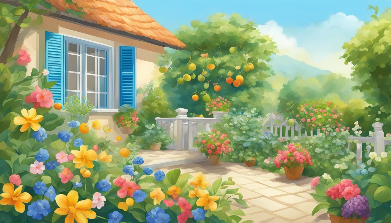 A serene garden with vibrant fruits and flowers, surrounded by a clear blue sky and a gentle breeze, evoking a sense of natural sweetness and mental well-being