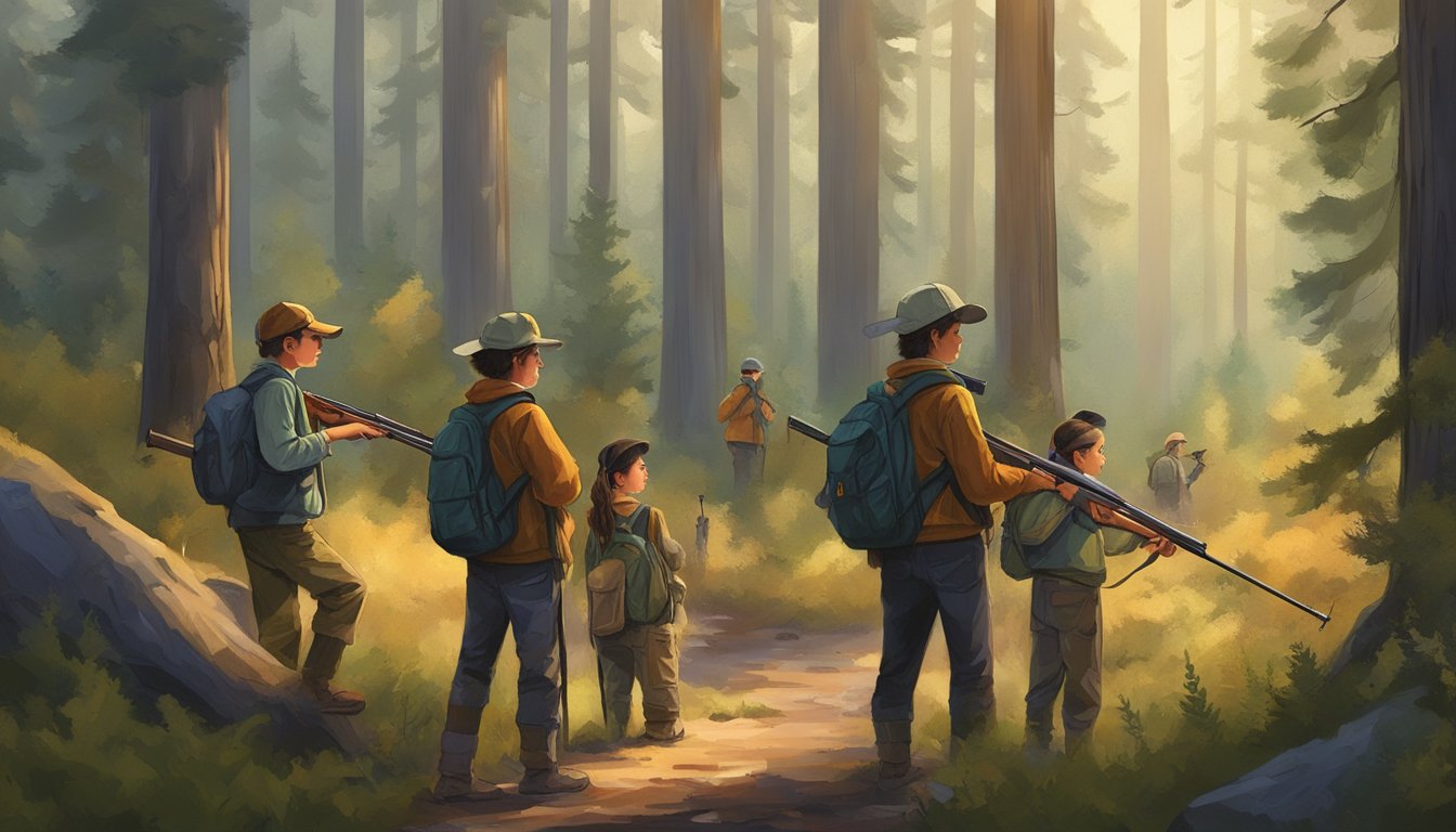 A group of young hunters with adult supervision in a California forest, following state regulations and legal guidelines for youth hunting