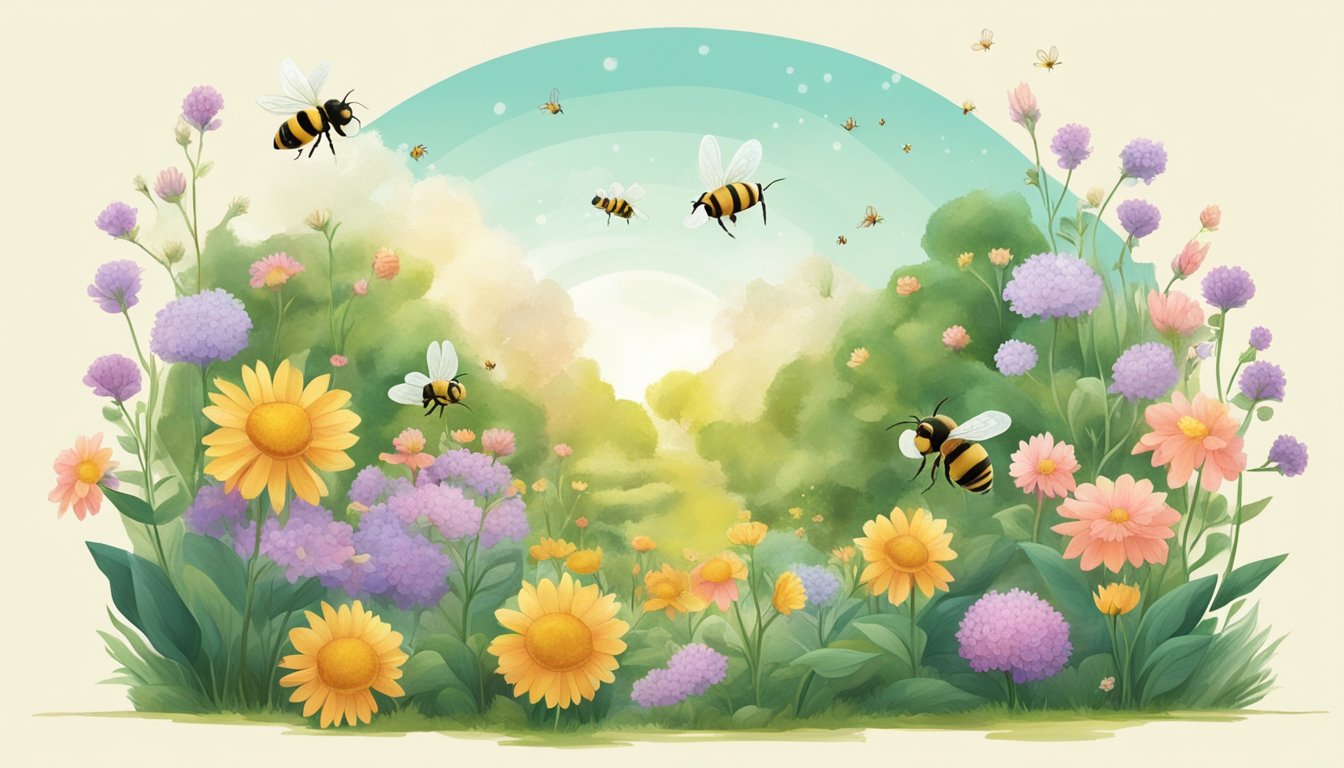 A serene garden with bees buzzing around blooming flowers, while a scientist observes natural sweeteners being used in mental health research