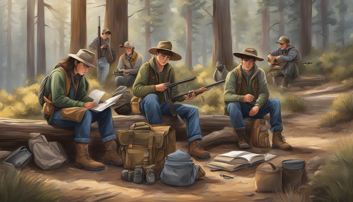 A group of young hunters in California, preparing their gear and studying wildlife in a rustic outdoor setting