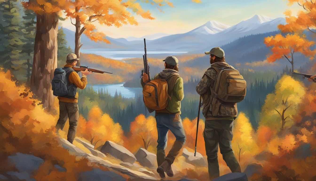 A group of young hunters in California's wilderness, surrounded by vibrant fall foliage and wildlife, eagerly tracking game during hunting season