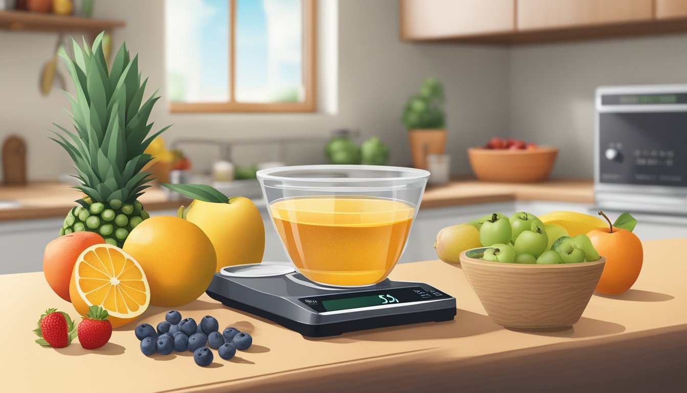 A bowl of fresh fruits and a variety of natural sweeteners arranged on a kitchen counter, with a set of weighing scales nearby