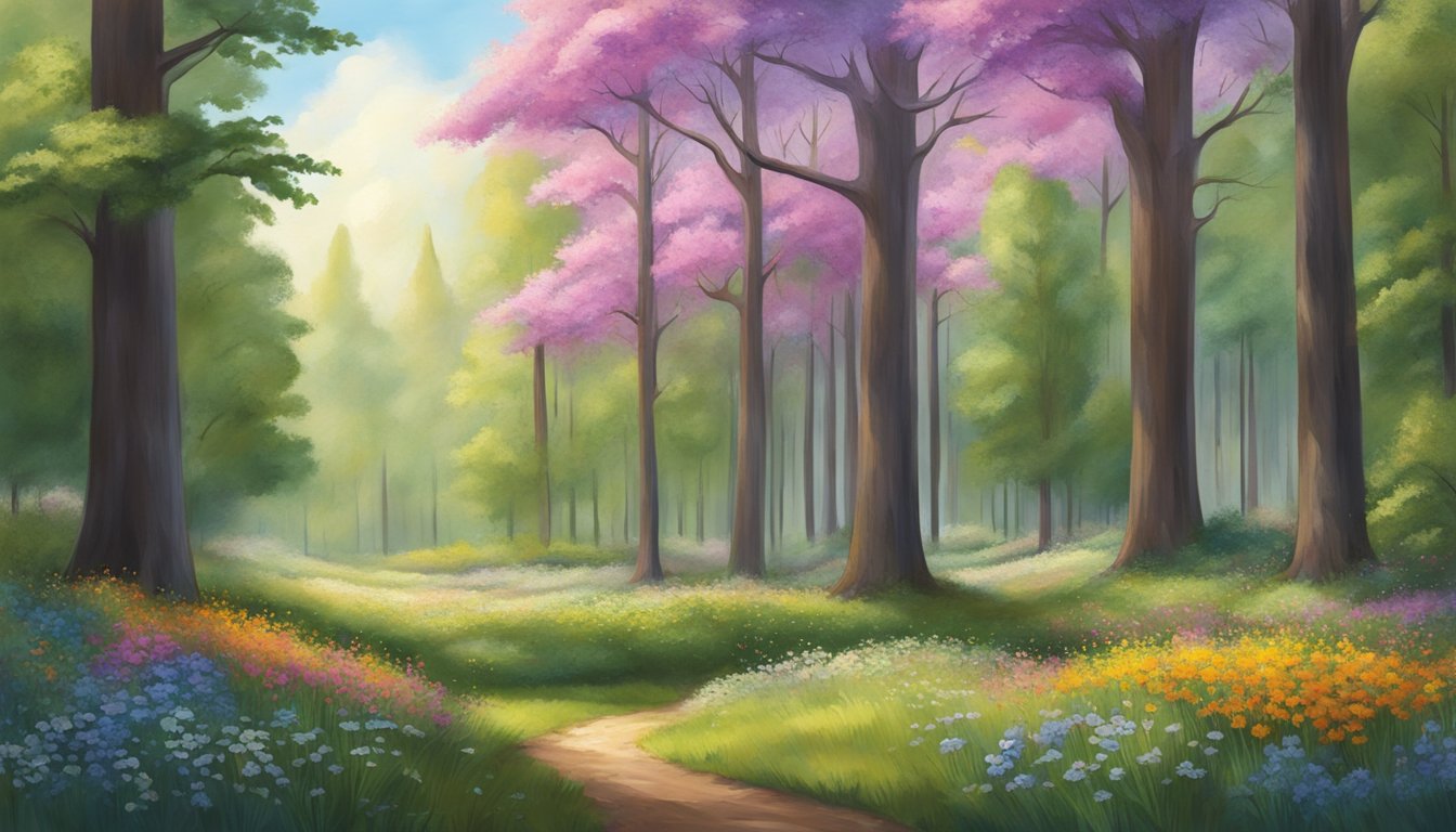 A serene forest clearing with vibrant, blooming wildflowers surrounded by towering trees, symbolizing the potential for growth and harmony at the intersection of natural sweeteners and mental health