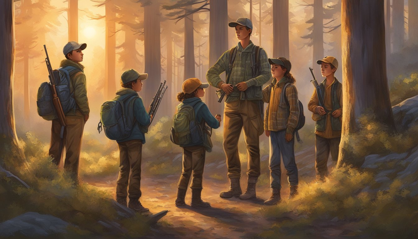 A group of young hunters with special permits gather in a California forest, preparing for a youth hunting program. The sun sets behind the trees, casting a warm glow over the scene