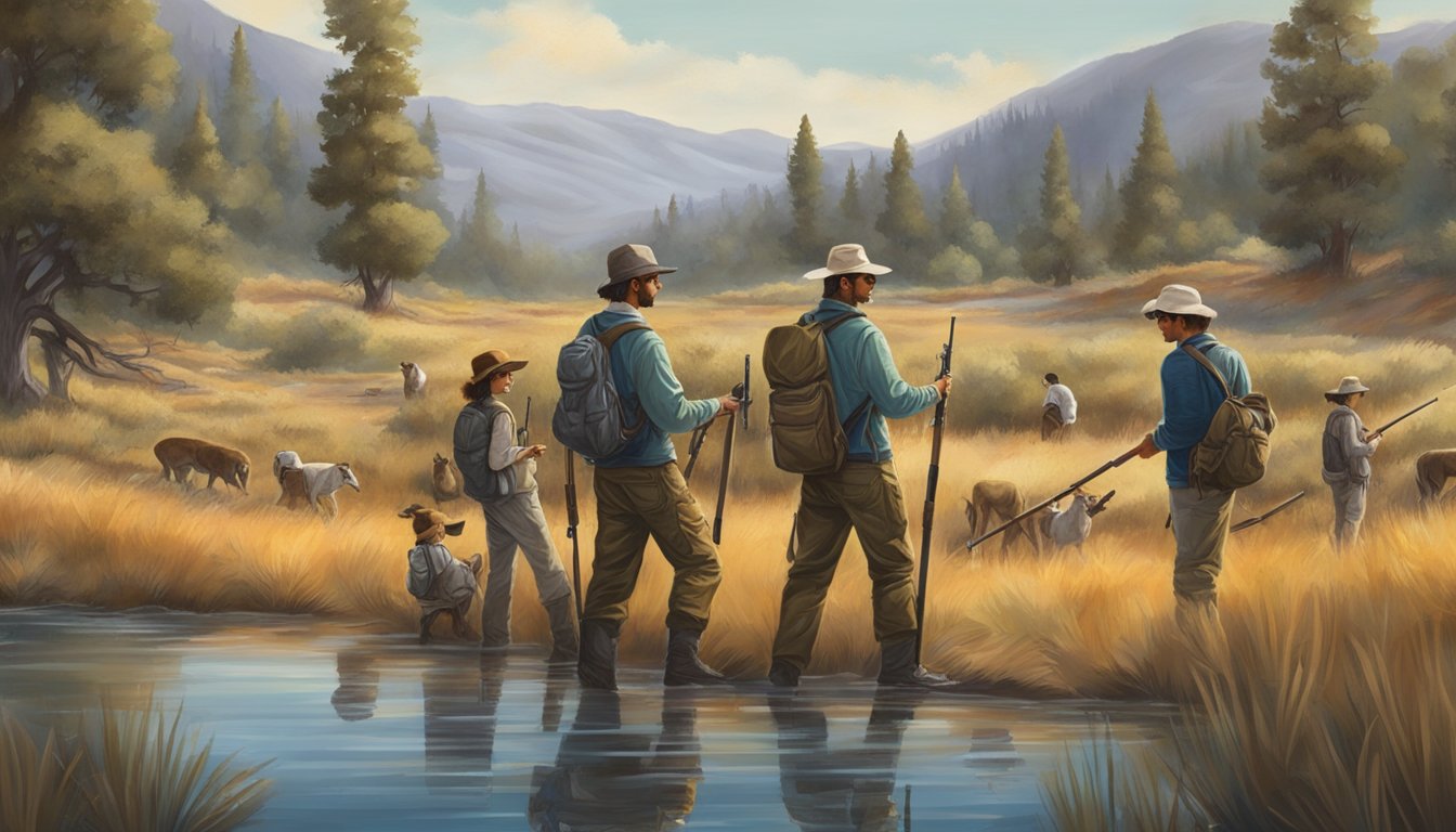 A group of young hunters in California participating in a conservation ethics program, surrounded by natural landscapes and wildlife