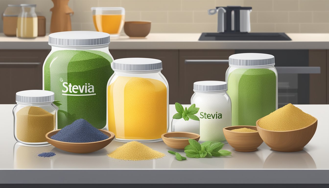 A variety of natural sweeteners (stevia, monk fruit, etc.) arranged on a kitchen counter next to a scale and measuring cups