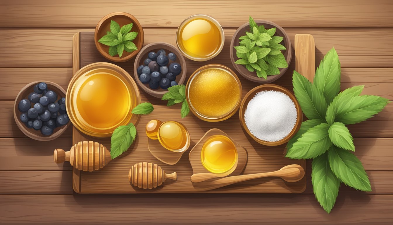 A variety of natural sweeteners (honey, stevia, agave, etc.) arranged on a wooden table, with fruits and a scale for comparison