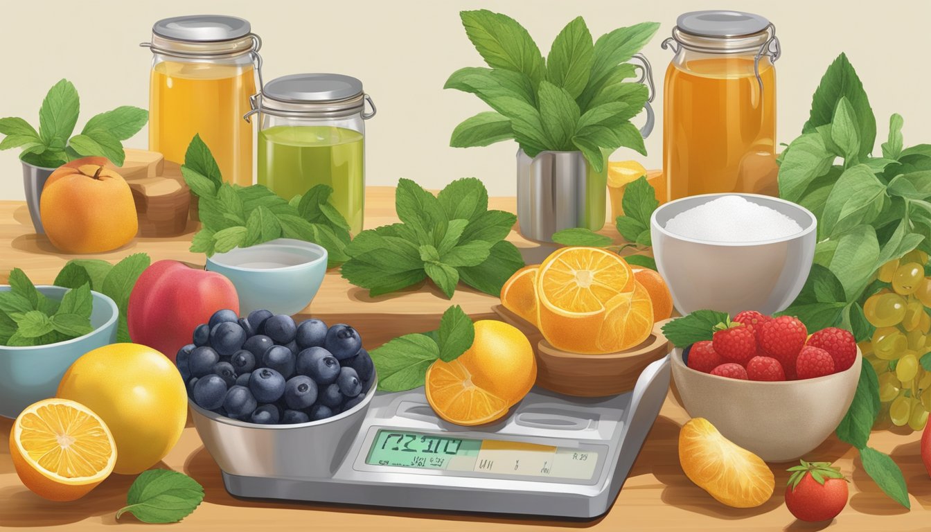 A colorful array of fruits, honey, and stevia leaves on a kitchen counter, surrounded by measuring cups and a scale