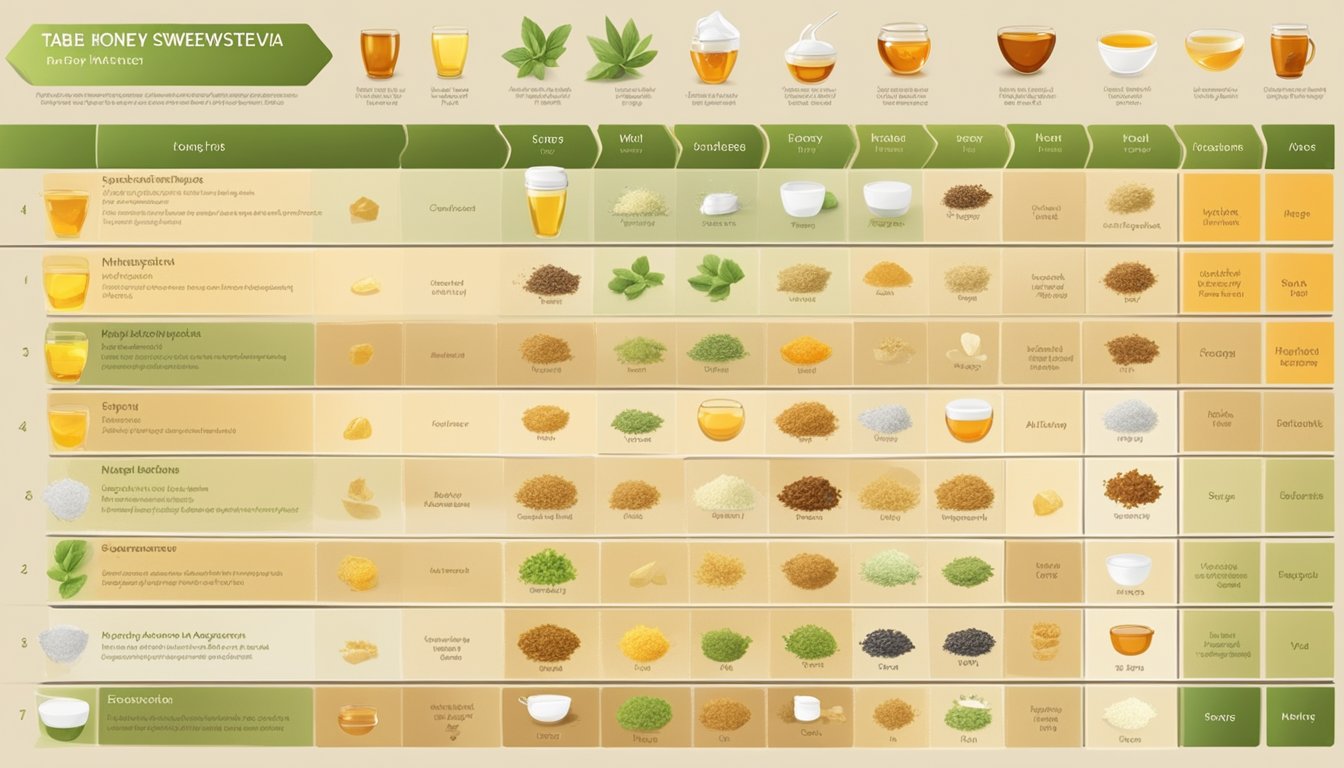 A table with various natural sweeteners (honey, stevia, agave, maple syrup) and their respective pros and cons listed in separate columns