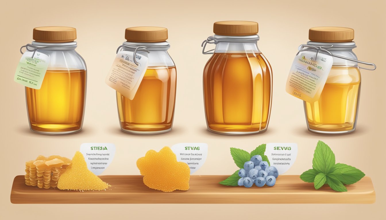 A colorful array of natural sweeteners, including honey, maple syrup, and stevia, displayed on a wooden table with accompanying taste profile descriptions