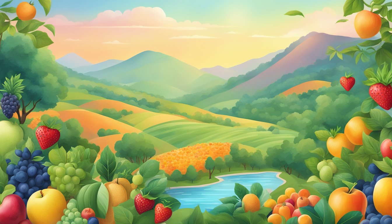 A serene, natural landscape with a variety of colorful fruits and plants, with a heart-shaped symbol representing cardiovascular health prominently displayed