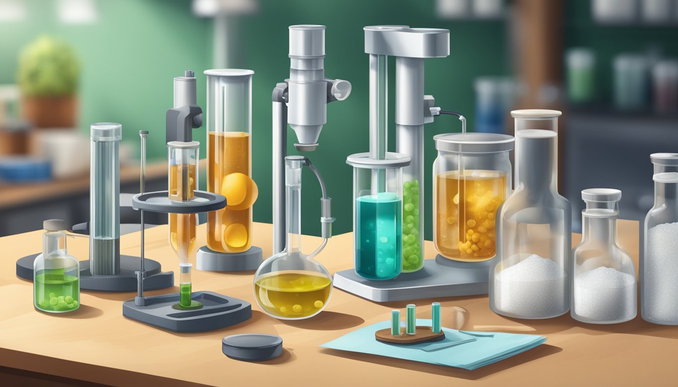 A laboratory setting with beakers and test tubes, a microscope, and various natural sweeteners displayed on a table for experimentation