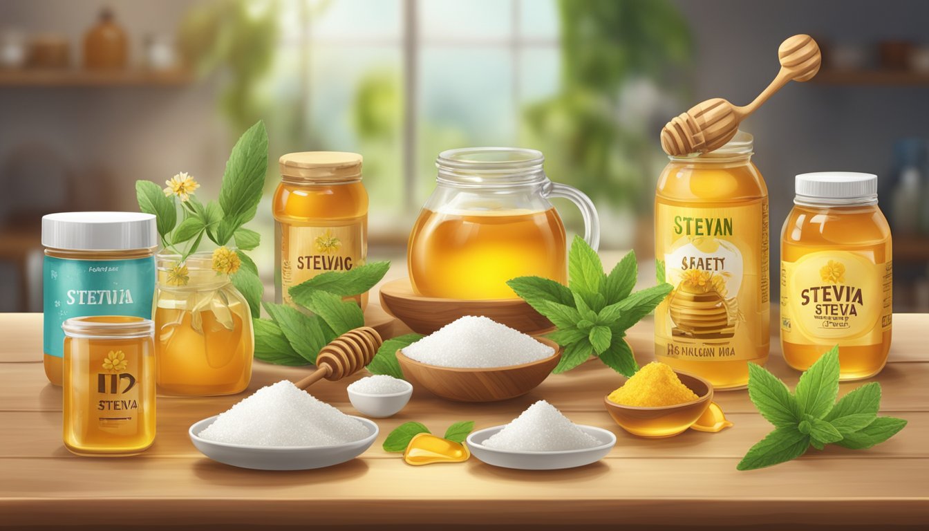 A table with various natural sweeteners (honey, stevia, agave) surrounded by caution signs and safety equipment