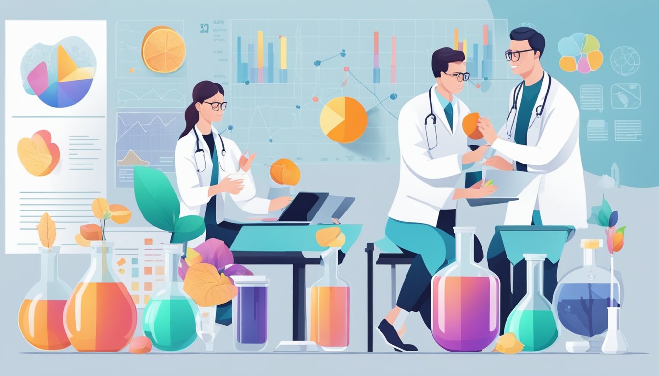 A group of scientists analyzing data on natural sweeteners and heart health, surrounded by graphs and charts