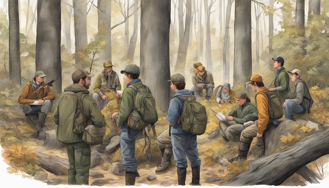 A group of young hunters and their mentors gather in a Connecticut forest, surrounded by trees and wildlife, as they study and discuss the state's hunting regulations