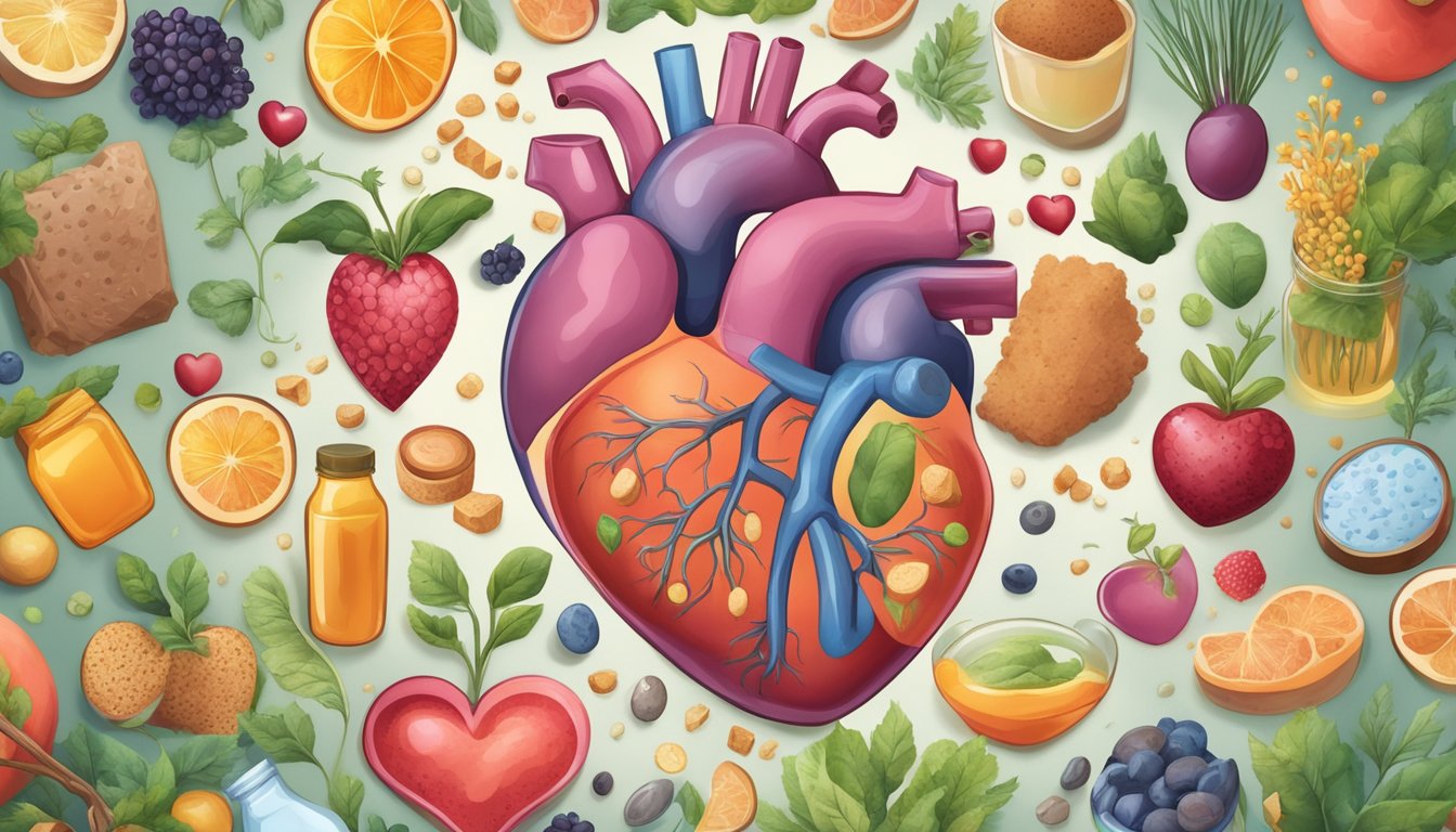 A colorful illustration of a healthy heart surrounded by various natural sweeteners and a diverse array of gut microbiota