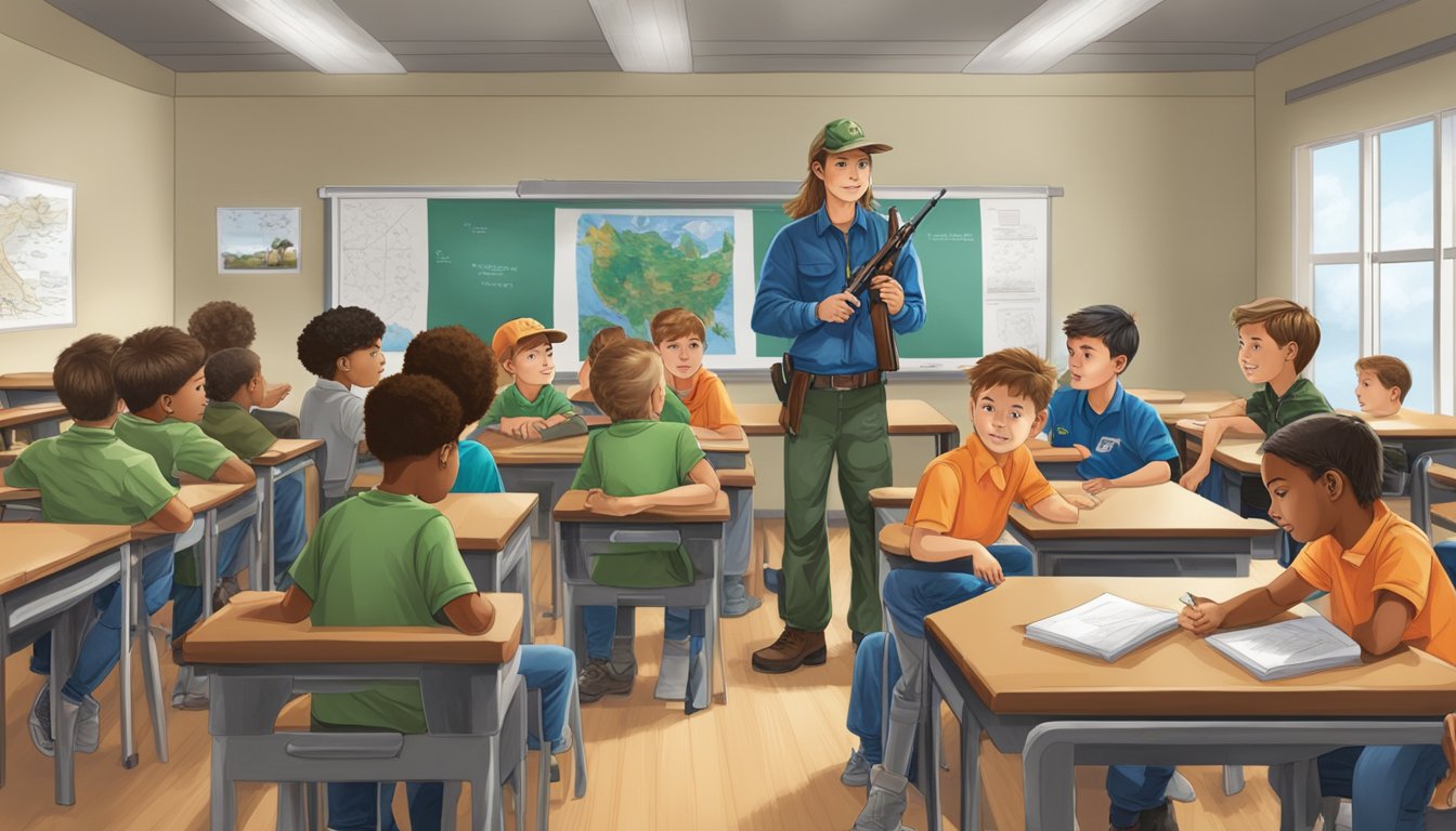 A group of young hunters learning about firearm safety and wildlife conservation in a classroom setting