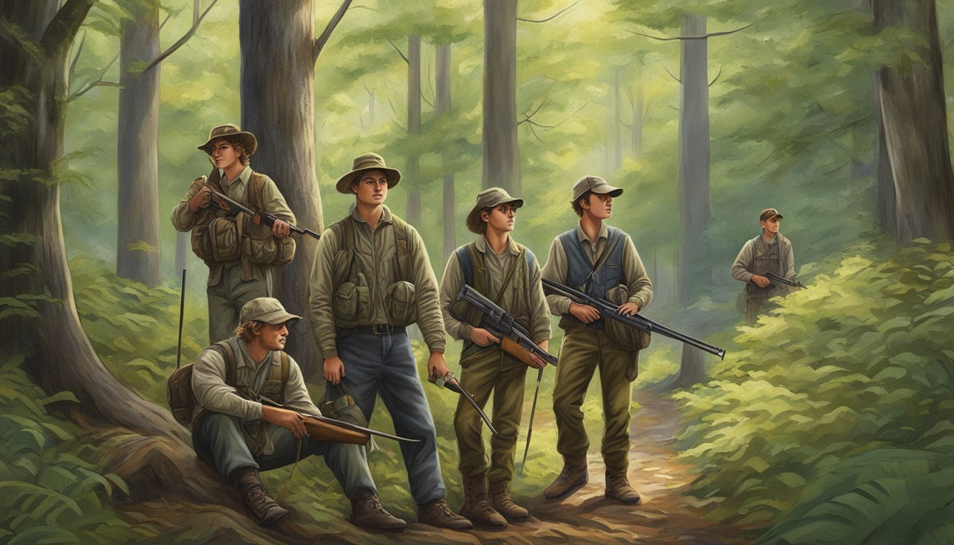 A group of young hunters in Connecticut, surrounded by lush forests and wildlife, practicing conservation and wildlife management