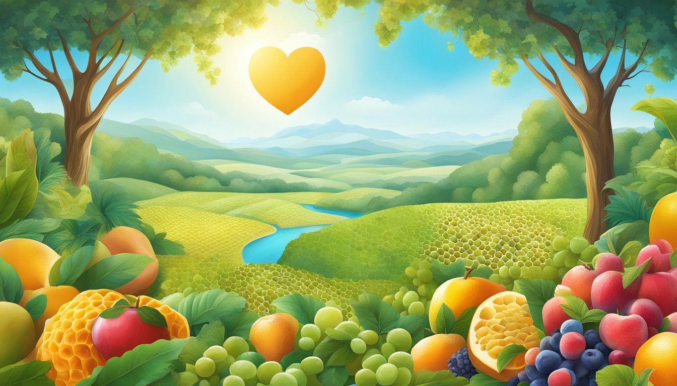 A serene, natural landscape with a heart-shaped honeycomb surrounded by vibrant fruits and a clear blue sky