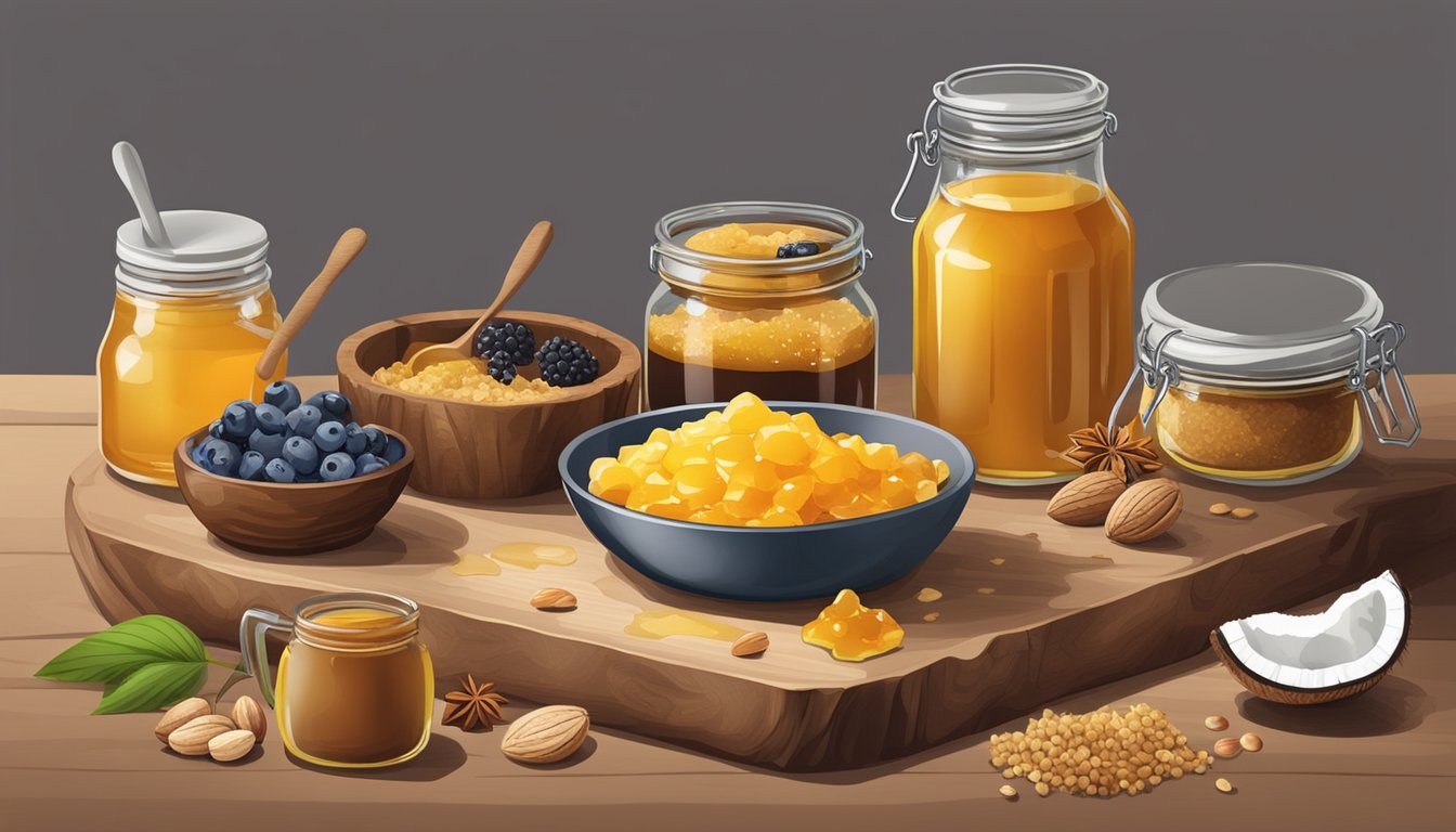 A rustic kitchen counter with jars of honey, maple syrup, and coconut sugar, surrounded by fresh berries and nuts