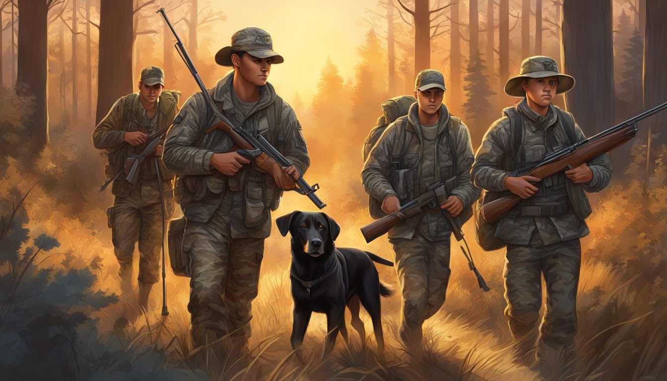 A group of young hunters in camouflage gear trek through a wooded area, carrying rifles and accompanied by a hunting dog. The sun is setting, casting a warm glow over the scene