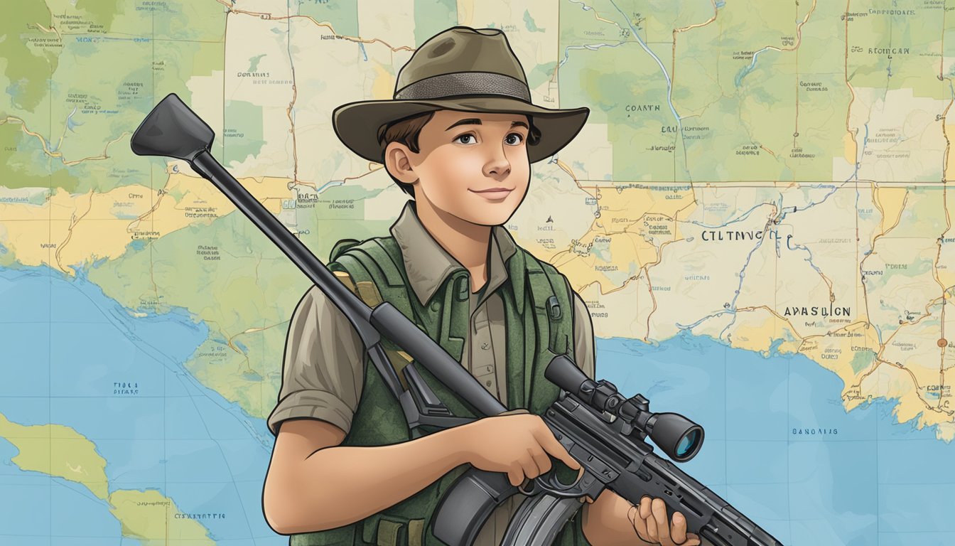 A young hunter holding a license and permit while standing in front of a Connecticut state map